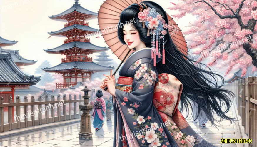Tranh dán tường hoa cô gái Geisha Nhật Bản-ADHBL241207-86 - Tranh tường chất lượng cao